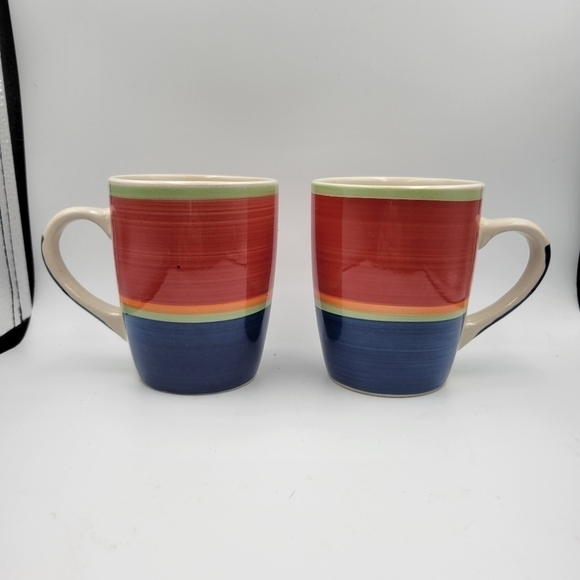 Royal Norfolk Coffee Mugs Stripes Red Orange Green Blue Ivory HH20 - Set of 2 - Picture 1 of 5
